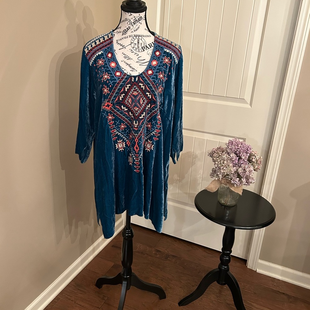 Johnny Was Teal Embroidered Tunic